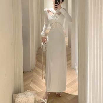 2023 Sonbahar Zarif V Yaka Midi Elbise Ofis Bayan Uzun Kollu Tek Parça Elbise Kore Retro Fransız Vintage örme elbise Kadın