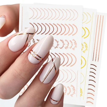 3D Fransız Altın Gümüş Hatları İpuçları Nail Sticker Geometrik Şerit Eğrisi Kendinden Yapışkanlı Kaymak Klasik Dalga Çıkartması DIY Manikür&*&