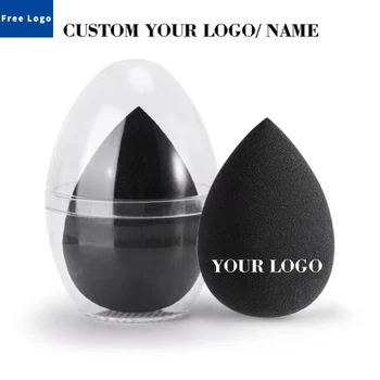 50 adet Ücretsiz LOGO Siyah Sünger Durumda Toptan Lateks içermeyen Kozmetik Özel Logo Puf Güzellik Makyaj Yüz Bakımı Baskı Etiket
