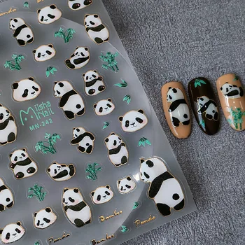 5D Gerçekçi Damga Kabartma Güzel Siyah Beyaz Panda Yeşil Bambu Yapışkanlı Nail Art Etiketler Çıkartmaları Manikür Takılar Aksesuarları