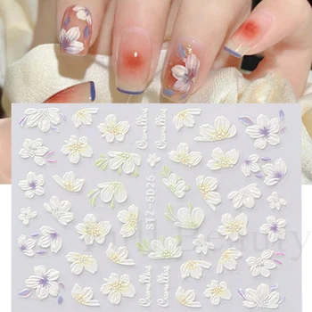 5D Kabartmalı Çiçek Oje Sticker Beyaz Kamelya Çiçeği Akrilik Tırnak Sanat Tasarım Bahar Fransız Aksesuarları Çıkartması JISTZ-5D25