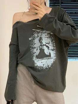 Amerikan Retro Baskı T-shirt Kadın Uzun Kollu Kapalı Omuz Büyük Boy T-shirt Kore Moda Grunge Gevşek Harajuku Y2k Üstleri Tee