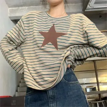 Avrupa ve Amerikan sonbahar Y2K çizgili yıldız yama uzun kollu rahat moda gevşek kadın T-shirt kişiselleştirilmiş çizgili üst
