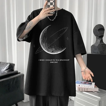 Basit Zamanlı Ay Grafik Erkekler Tshirt Boy Mektup Baskı kısa kollu tişört Pamuk Erkek Streetwear Unisex Temel Üstleri