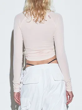 Bayan Peri Grunge Kırpma Üstleri y2k Uzun Kollu Dantel Trim Slim Fit Tee Gömlek E Kız Güz Estetik Elbise Streetwear