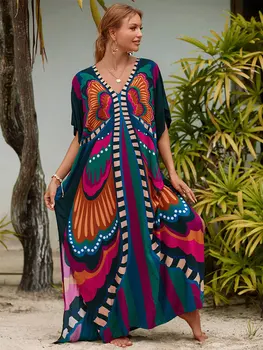 Bohemian Kelebek Baskılı V Boyun Batwing Kollu Elbiseler Kadın Giyim 2023 Plaj Kıyafeti Rahat uzun elbise Vestidos Q1342