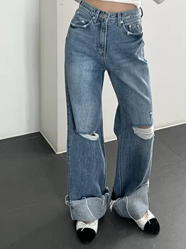 Düz Pantolon Moda Delik Kot Kadın 2023 İlkbahar Yaz Gevşek Erkek Arkadaşı Kot Bayan Streetwear Cut Out Denim pantolon W808C