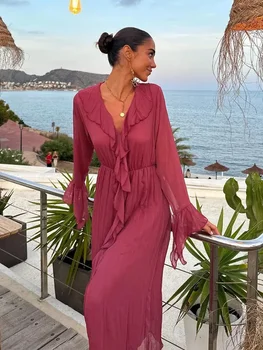 Foridol Ruffles V Boyun Kadın Sonbahar Elbise Uzun Kollu Şifon Maxi Elbise Vestidos Parti Yeni Kış Tatil Uzun Plaj Elbise
