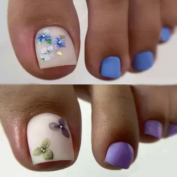Fransız Sahte Ayak Tırnaklarını Tırnak İpuçları Kısa Kare Mor Mavi Çiçekler Ayak Çivi Tam Kapak Vintage Ayak Çivi Kadınlar için kız