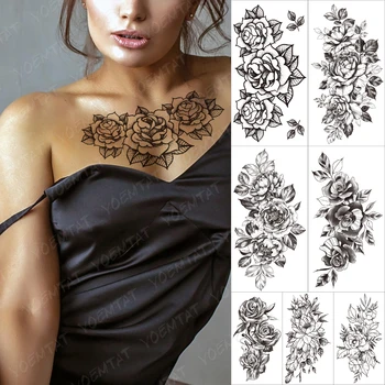 Gül Şakayık Çiçek Kız Geçici Dövmeler Kadınlar İçin Su Geçirmez Siyah Dövme Çıkartmalar 3D Çiçeği Bayan Omuz DIY Dövmeler