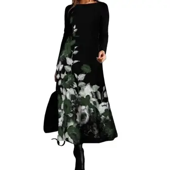 Ilkbahar Sonbahar Uzun Kollu Maxi Çiçek Elbise Moda Kadın Elbiseler Rahat O-boyun Siyah evaze elbise 5XL Bayanlar Elbise Vestidos