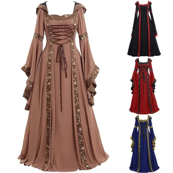 Kadın 2023 Y2k Saray Ortaçağ Vintage Elbise Uzun Kare Boyun Lace Up Bel Flare Kollu Büyük Salıncak Cadılar Bayramı Elbise