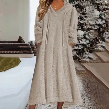 Kadın Bulanık Polar Uyku Elbise Sonbahar Kış Sıcak Salonu Aşınma Kıyafet Uzun Kollu İpli Kapüşonlu Sweatshirt Elbise Cepler ile