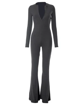 Kadın Flare Tulumlar Uzun kollu yuvarlak boyun Zip Up Romper Pantolon Unitard Bodysuit Streetwear