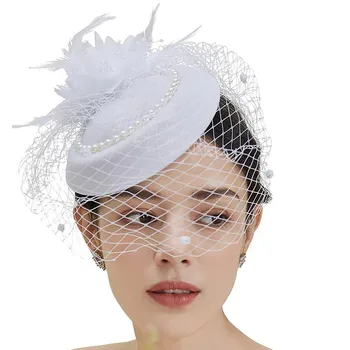 Kadın Inci Örgü Fascinator Şapka Gelin Düğün Parti Headdress Bayanlar Tüy Çiçek Pillbox Şapka saç aksesuarları Beyaz