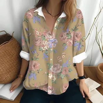 Kadın Uzun Kollu Gömlek Yaka Düğmeleri İle Büyük Boy Giyim Çiçek Baskı Üst Rahat Gömlek Yaz kadın Zarif Gömlek