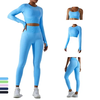 Kadın Yoga Seti Yüksek Bel fitness pantolonları Hızlı Kuru Spor Sutyeni Uzun Kollu Gömlek Dikişsiz Egzersiz Kıyafet Koşu Kadın Spor