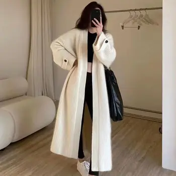 Kadın Örgü Kazak 2023 Sonbahar Kış Katı V Boyun Örme Hırka Zarif Giyim Uzun Ceket Triko Üst Ofis Bayan