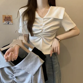 Kadınlar için Kore moda v yaka kısa kollu ince tişört