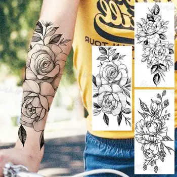 Kalem Kroki Dahlia Geçici Dövmeler Kadınlar Yetişkinler İçin Gerçekçi Centiyana Çiçek Su Geçirmez Sahte Dövme Etiket Kol Bel Dövmeler