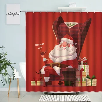 Karikatür Santa Duş Perdesi Merry Christmas Kırmızı Tema Çocuk Çocuk Banyo Su Geçirmez Polyester Perdeler Ev Dekorasyonu Tatil Hediyeler