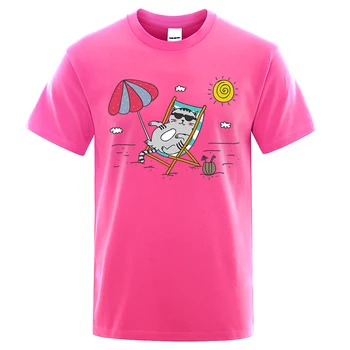 Kedinin Plaj Güneşlenme Yaratıcı Baskı T Shirt Erkekler Büyük Boy bol tişört Yaz Pamuk Kısa Kollu Nefes Alabilen giysiler