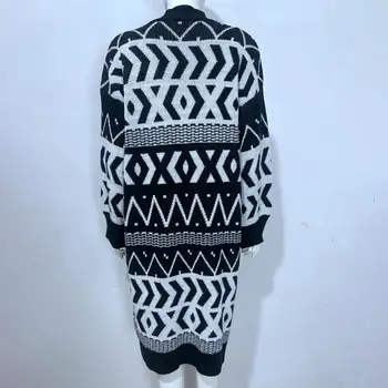 Kontrast Dikiş Örgü Hırka Şık kadın Renk Bloğu Örme Hırka Moda Geometri Baskı Uzun Sonbahar / kış için