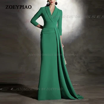Koyu Yeşil Mat Saten Abiye Düğün Parti için Uzun Kollu V Boyun Resmi Olay Balo Parti Kıyafeti vestidos de noche