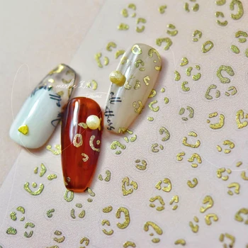Leopar Baskı İngilizce Mektup Sıcak Damgalama Metin Kalay Folyo Altın Gümüş 5D Kabartma Kendinden Yapışkanlı Nail Art Etiketler Manikür 3D Çıkartmaları