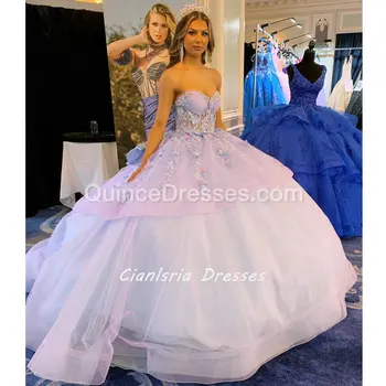 Leylak Sevgiliye Illusion Ruffles Quinceanera elbise Balo 3D Çiçekler Aplikler Dantel Korse Tatlı 16 Vestido De XV Años