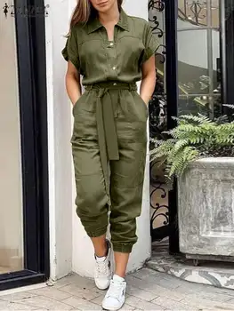 Moda Kadınlar Zarif Kargo Pantolon Vintage Katı İş Tulumu 2023 ZANZEA Yaz Yaka Boyun Kısa Kollu Tulumlar Uzun Playsuits