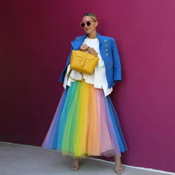 Moda Parti Tül Etekler Ayak Bileği Uzunluğu falda Tül Etek Kadın A-Line Gökkuşağı Renk Tutu Etek Yüksek Sokak