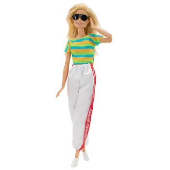 Renkli Çizgili Moda oyuncak bebek giysileri Seti Barbie Kıyafetler Spor Giyim 1/6 Bebek Aksesuarları T-shirt Beyaz Pantolon Pantolon Oyuncaklar