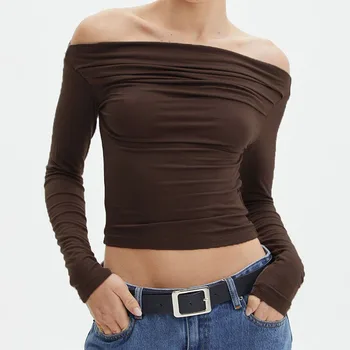Sonbahar Kapalı Omuz T-shirt Kore Moda Zarif Uzun Kollu Kazaklar Tees Kadınlar Chic Vintage Mahsul Tops Kadın Giysileri