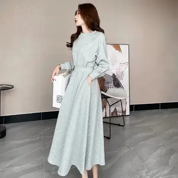 Sonbahar ve Kış Yeni Kore Uzun kollu Sanat Zayıflama Büyük hem Bel Kapanış uzun kapüşonlu elbise kadın Moda