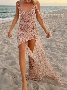Spagetti Kayışları ile Zarif Çiçek-Yaz plaj partileri ve dışarı çıkmak için kolsuz çiçek baskılı uzun elbise
