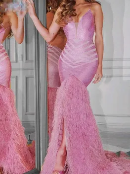 Sparkly Derin V Yaka Tüyler Mermaid Kat-uzunluk Düğün Konuk Akşam Kokteyl balo kıyafetleri Gelin Özel Durum için
