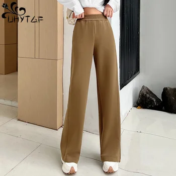 UHYTGF Yün Geniş Bacak Pantolon kadın kıyafetleri Sonbahar Elastik Yüksek Bel Cep Gevşek Düz Tüp Moda Trendi Kadın Pantolon