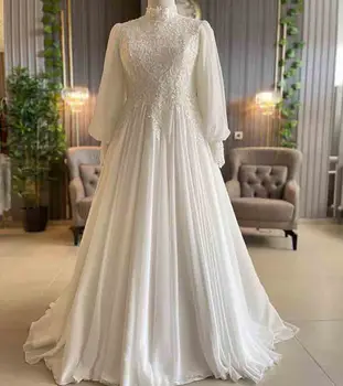 Vintage Müslüman Fas düğün elbisesi 2022 Uzun Kollu Yüksek Boyun Şifon Bohemina Düğün Gelin Dantel Aplikler Robe De Mariée