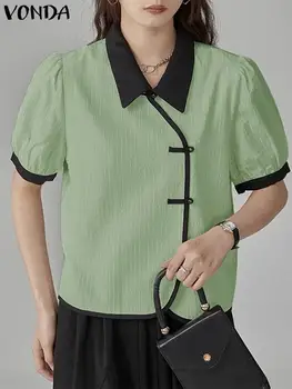 VONDA Yaz Kadın Renk Patchwork Gömlek Kadın Yaka Kısa Puf Kollu Bluz 2023 Düğmeler Casual Gevşek Blusas Kadın Üst Tunik