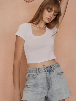 Y2k Beyaz Kırpma Üstleri Seksi Slim Fit U Yaka Tees Pamuk Bayan Giyim Katı Rahat T Shirt 2023 Yaz Moda Kore