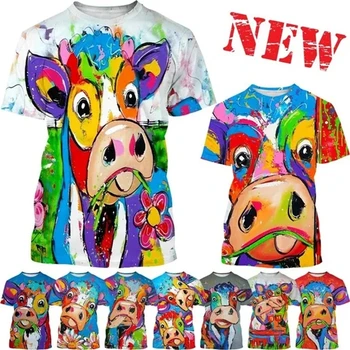 Yeni Renkli Cow3D Grafik T Shirt İnek Pop Art Yuvarlak Boyun Kısa Kollu Hayvan Desen erkek Ve kadın Moda Rahat TopsTees