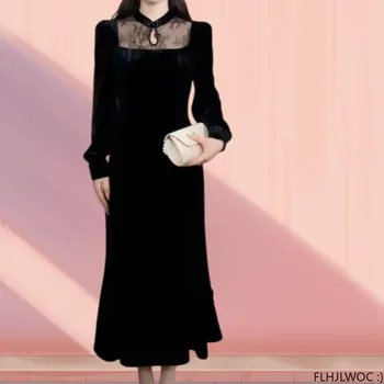 Yeni Yıl Retro Vintage Çin Tarzı Elbiseler Kadın Siyah Dantel Parti Zarif Yıllık Toplantı İnce Siyah Kadife Fishtail Elbise Uzun