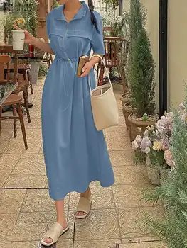 ZANZEA 2023 Kadın Tatil uzun elbise Rahat Yaz Katı Yaka Boyun Vestidos İpli Toplamak Bel Elbiseler Zarif Plise Elbise