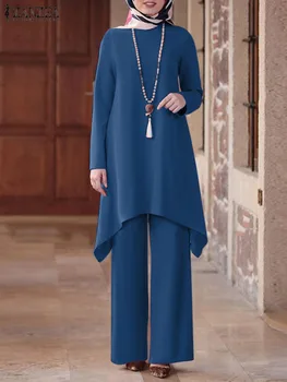 ZANZEA Müslüman Asimetrik Bluz Takım Elbise Zarif Abaya Kadınlar Katı Baggy Bluz ve Pantolon Setleri Eid Ramazan Kıyafetler Eşleşen Setleri