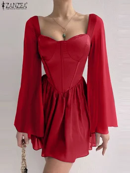 ZANZEA Seksi Kılçık Kısa elbise 2023 Sonbahar Kare Yaka Vestido Kadın Moda Uzun Kollu Mini Elbise Parti Pleats bir çizgi elbise
