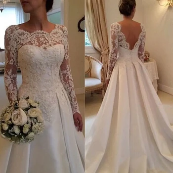 Zarif Backless düğün elbisesi 2020 Vintage robe de mariée Dantel Saten Uzun Kollu Gelin Elbiseler 2022 Custom Made Robe De Mariee