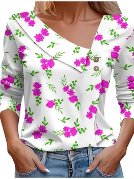 Çiçek Baskı Bluz Gömlek kadın Moda Eğimli Yaka Sonbahar Uzun Kollu Ofis Kadın Giysileri Rahat Günlük Temel T Shirt