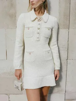 Örme elbise Kadınlar için Cepler ile 2023 Yeni Pullu İnci Boncuk turn-aşağı Yaka Zarif Uzun Kollu Mini A-line Elbise